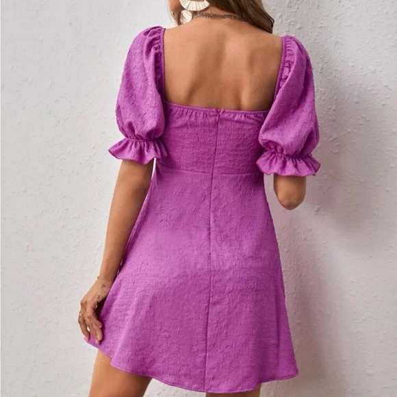 Purple Sweetheart Neck Puff Sleeve Frill Trim Knot Front Dress - Picture 2 of 4